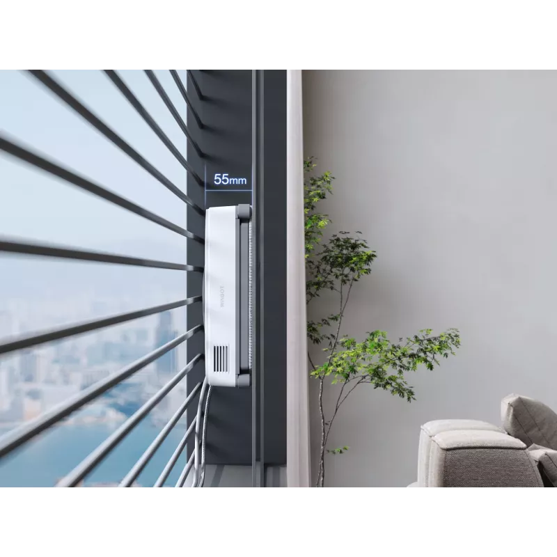 Logu tīrītājs Ecovacs WINBOT MINI — piesūkšanās, akumulators Li‑Ion, min logs 22×25 cm, 1.3 kg, 215×215×55 mm, pelēks/balts
