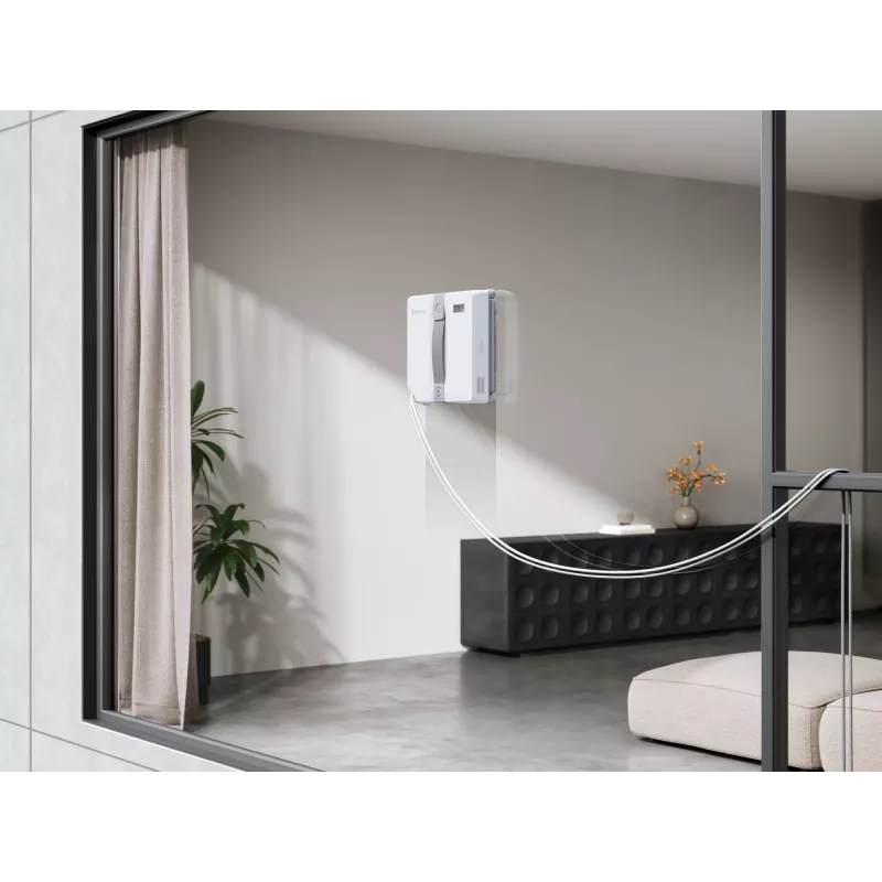 Logu tīrītājs Ecovacs WINBOT MINI — piesūkšanās, akumulators Li‑Ion, min logs 22×25 cm, 1.3 kg, 215×215×55 mm, pelēks/balts