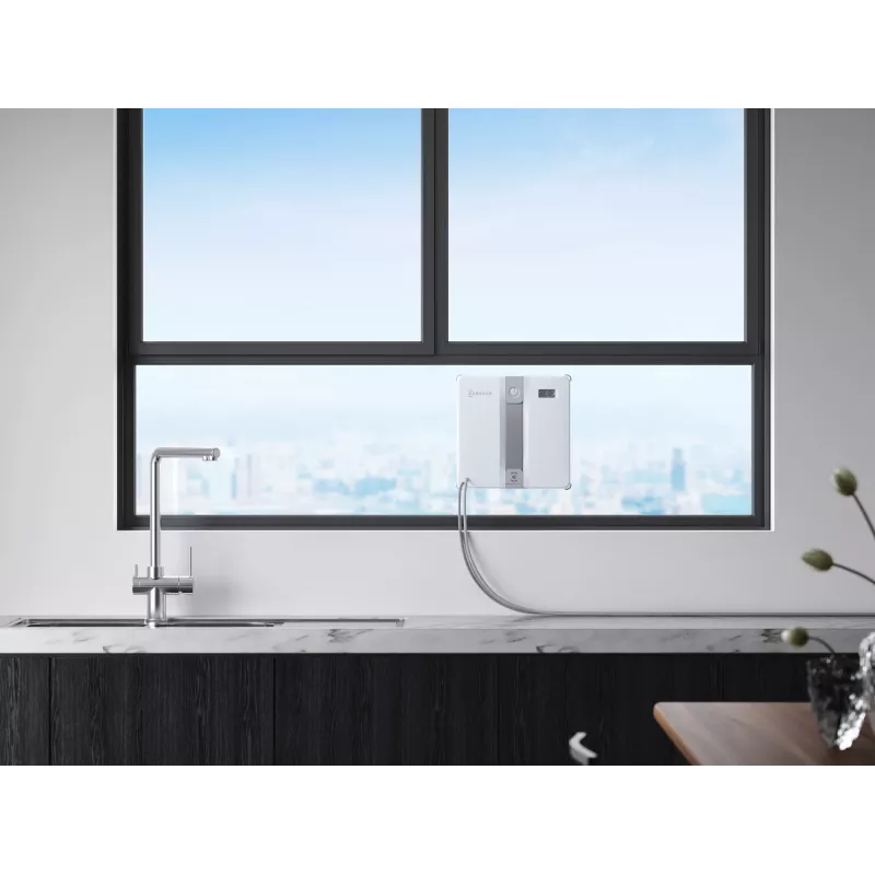 Logu tīrītājs Ecovacs WINBOT MINI — piesūkšanās, akumulators Li‑Ion, min logs 22×25 cm, 1.3 kg, 215×215×55 mm, pelēks/balts