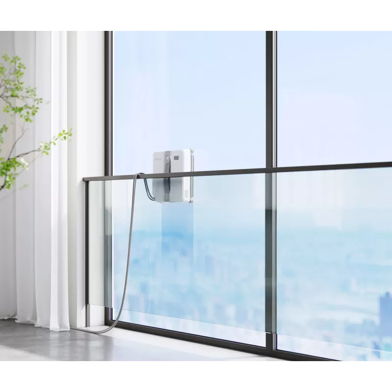 Logu tīrītājs Ecovacs WINBOT MINI — piesūkšanās, akumulators Li‑Ion, min logs 22×25 cm, 1.3 kg, 215×215×55 mm, pelēks/balts
