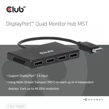 CLUB3D Quad DisplayPort™ Hub – 4 x 4K izšķirtspēja @ 30Hz, MST atbalsts