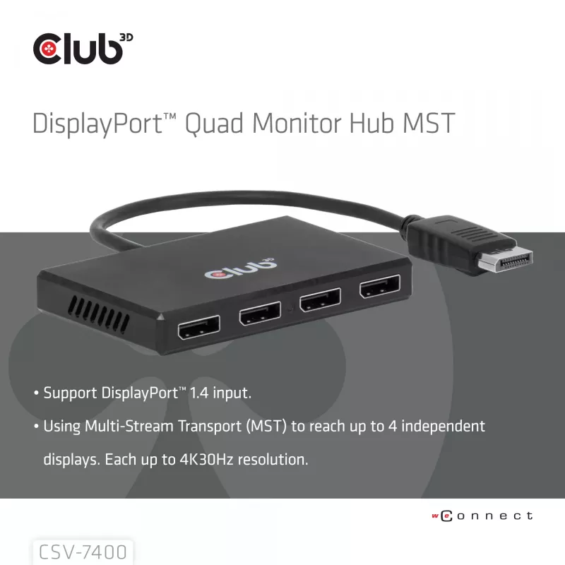 CLUB3D Quad DisplayPort™ Hub – 4 x 4K izšķirtspēja @ 30Hz, MST atbalsts
