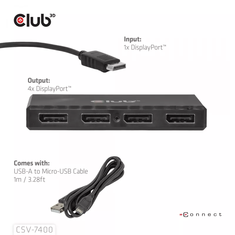 CLUB3D Quad DisplayPort™ Hub – 4 x 4K izšķirtspēja @ 30Hz, MST atbalsts
