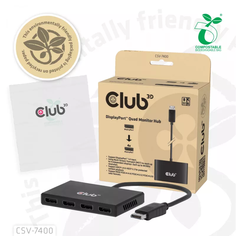 CLUB3D Quad DisplayPort™ Hub – 4 x 4K izšķirtspēja @ 30Hz, MST atbalsts