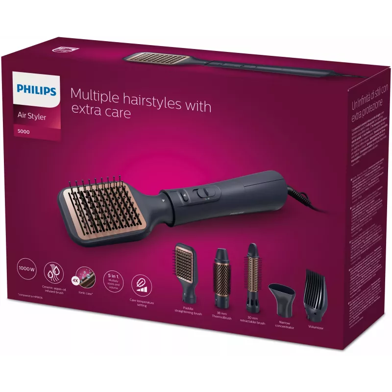 Matu veidošanas komplekts Philips 5000 series BHA530/00 — matu taisnotājs un lokotājs, 1000 W, 3 sildīšanas līmeņi, jonu funkcija, 5 uzgaļi, 2 m vads, melna