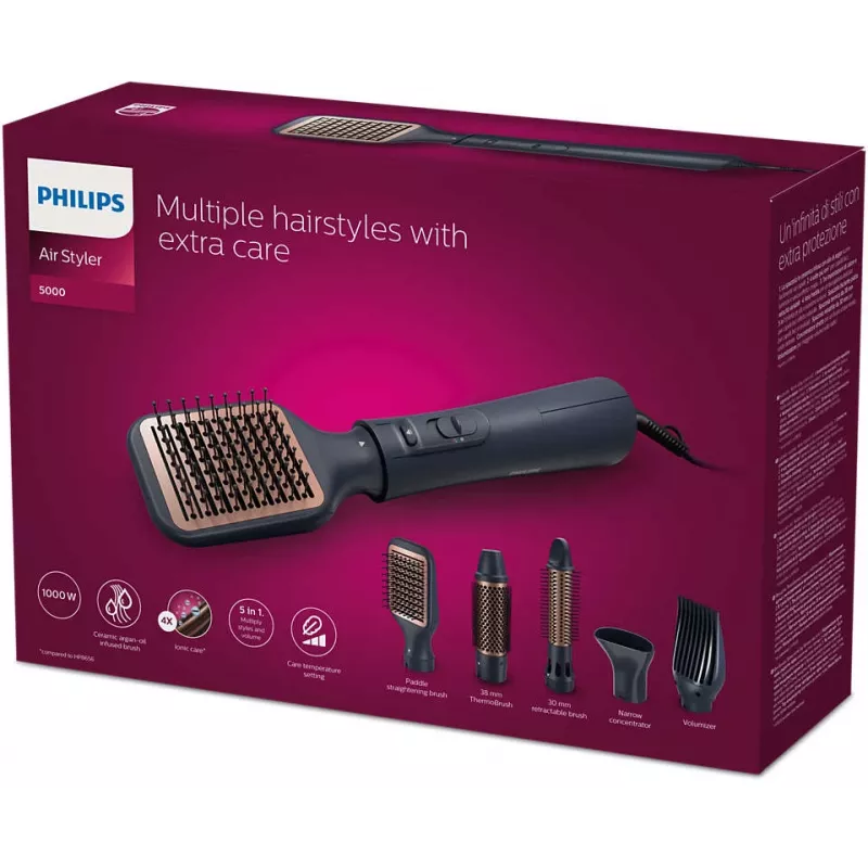Matu veidošanas komplekts Philips 5000 series BHA530/00 — matu taisnotājs un lokotājs, 1000 W, 3 sildīšanas līmeņi, jonu funkcija, 5 uzgaļi, 2 m vads, melna