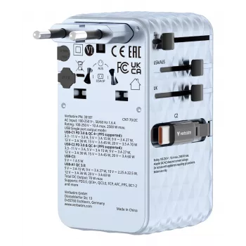 Verbatim Charge 'n' Travel 70W 2C izvelkams universāls ceļojumu adapteris zils