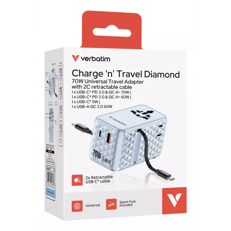 Verbatim Charge 'n' Travel 70W 2C izvelkams universāls ceļojumu adapteris zils