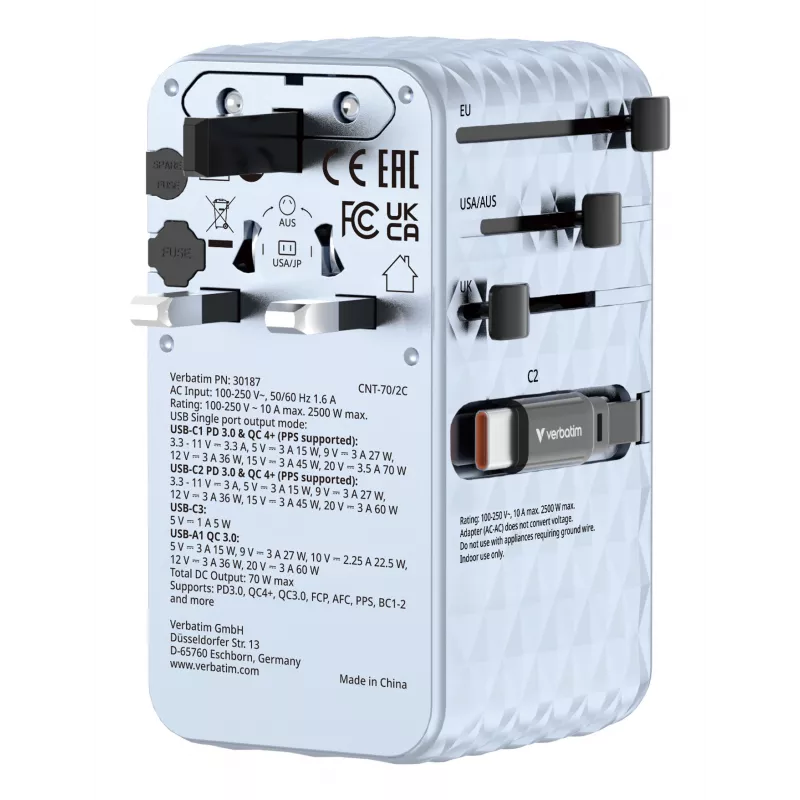 Verbatim Charge 'n' Travel 70W 2C izvelkams universāls ceļojumu adapteris zils