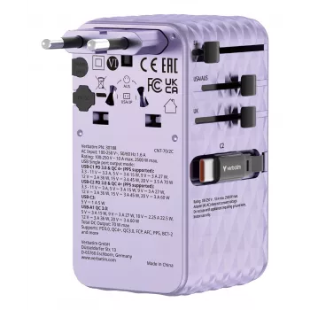 Verbatim Charge 'n' Travel 70W 2C izvelkams universāls ceļojumu adapteris, violets