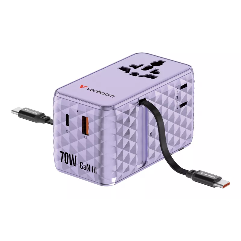 Verbatim Charge 'n' Travel 70W 2C izvelkams universāls ceļojumu adapteris, violets