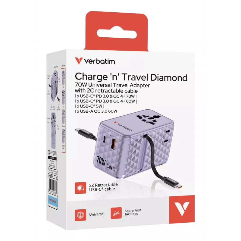 Verbatim Charge 'n' Travel 70W 2C izvelkams universāls ceļojumu adapteris, violets