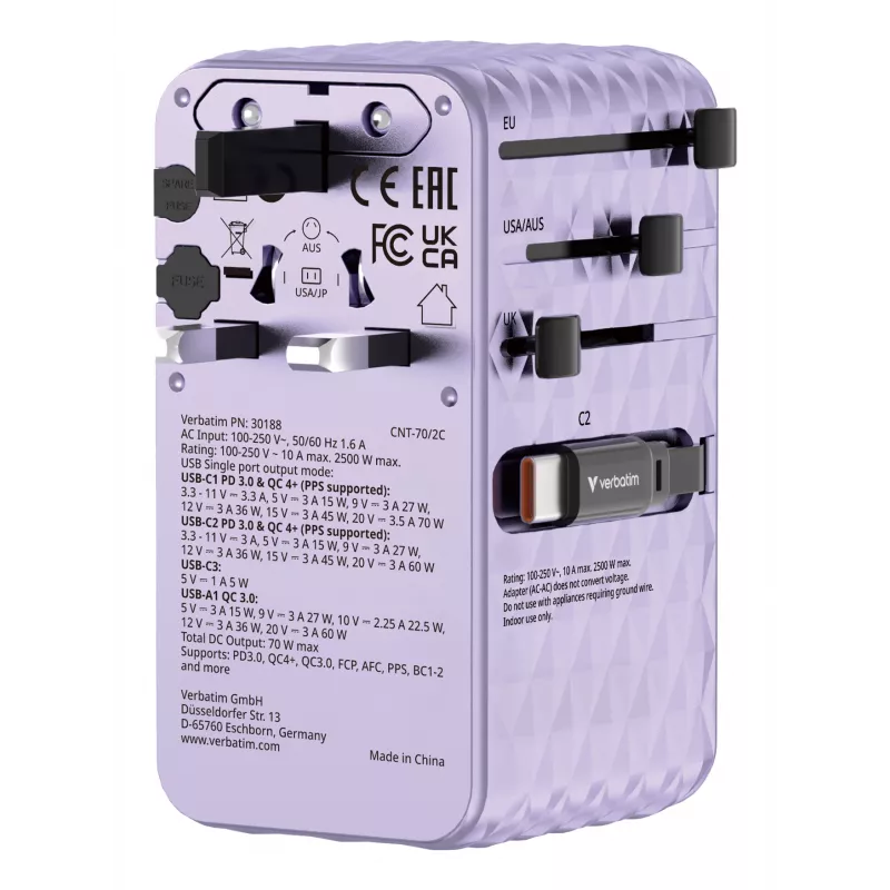 Verbatim Charge 'n' Travel 70W 2C izvelkams universāls ceļojumu adapteris, violets