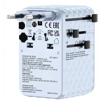Verbatim Charge 'n' Travel 100W universāls ceļojumu adapteris ar ievelkamu kabeli, zils