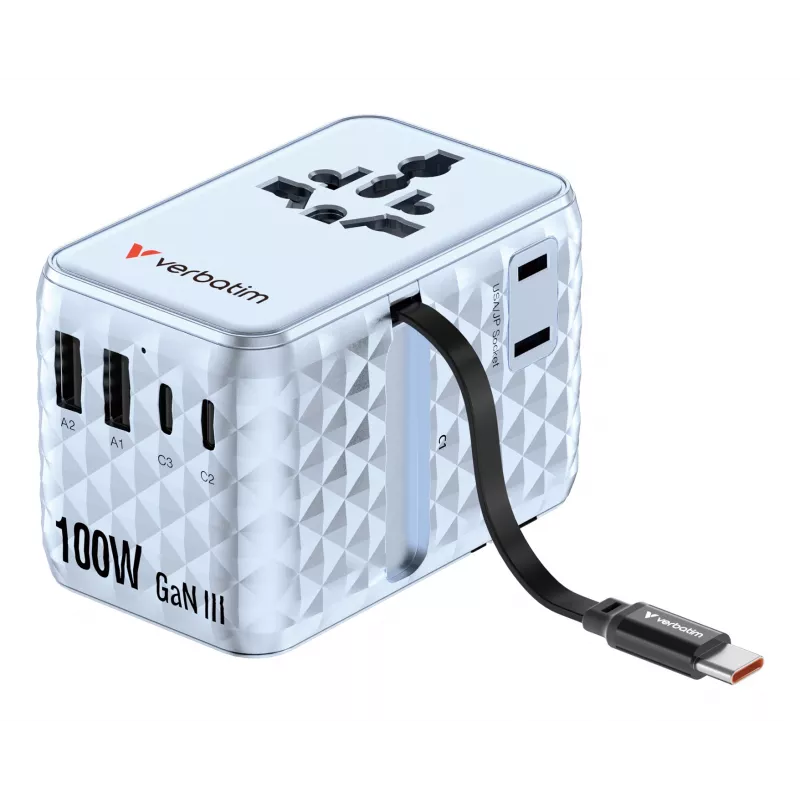 Verbatim Charge 'n' Travel 100W universāls ceļojumu adapteris ar ievelkamu kabeli, zils