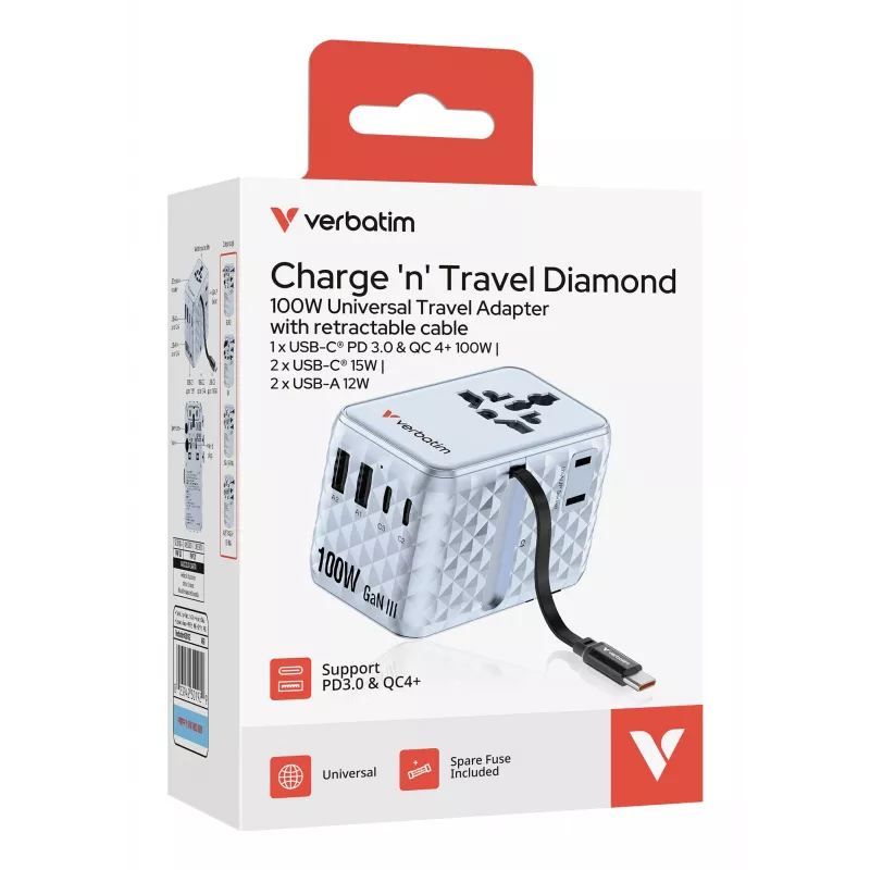 Verbatim Charge 'n' Travel 100W universāls ceļojumu adapteris ar ievelkamu kabeli, zils