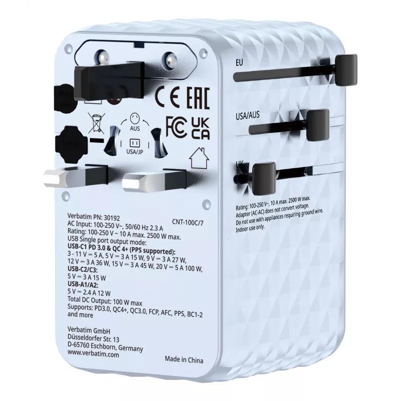 Verbatim Charge 'n' Travel 100W universāls ceļojumu adapteris ar ievelkamu kabeli, zils