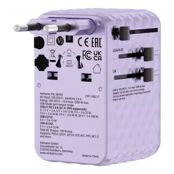 Verbatim Charge 'n' Travel 100W universāls ceļojumu adapteris ar ievelkamu kabeli, violets