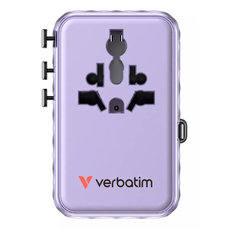 Verbatim Charge 'n' Travel 100W universāls ceļojumu adapteris ar ievelkamu kabeli, violets