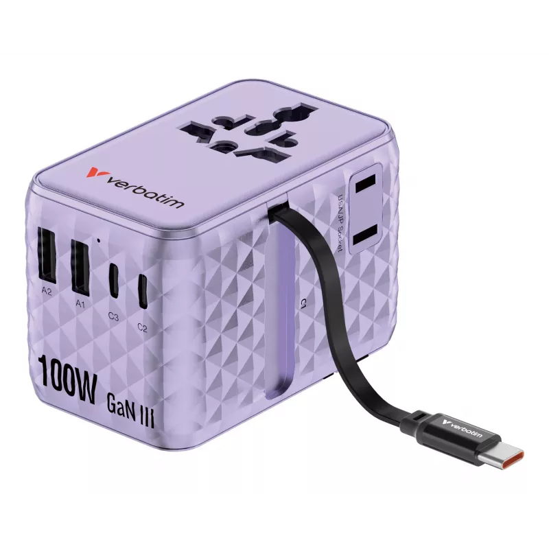 Verbatim Charge 'n' Travel 100W universāls ceļojumu adapteris ar ievelkamu kabeli, violets