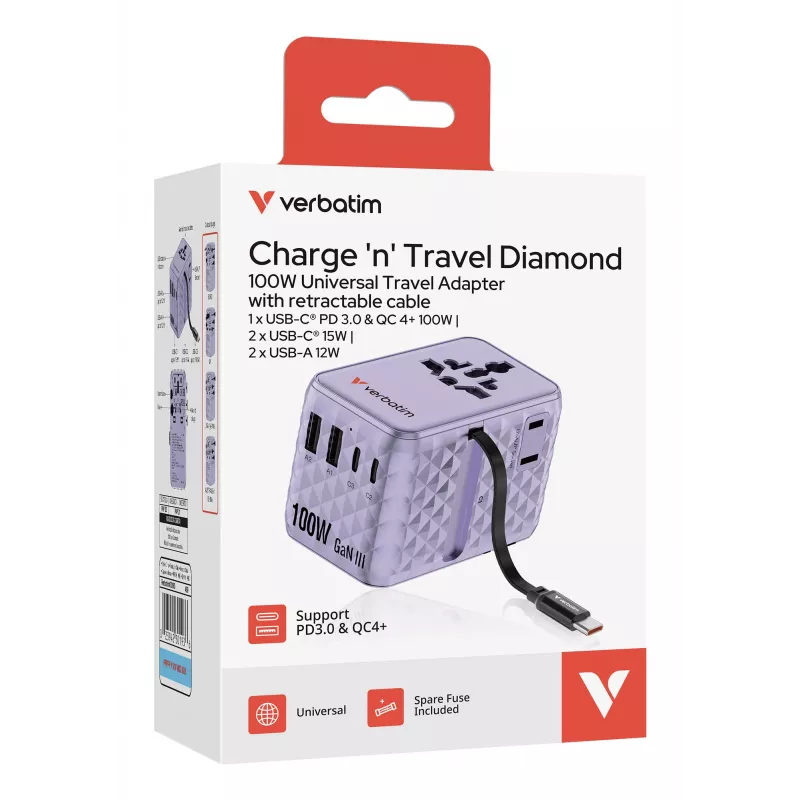 Verbatim Charge 'n' Travel 100W universāls ceļojumu adapteris ar ievelkamu kabeli, violets
