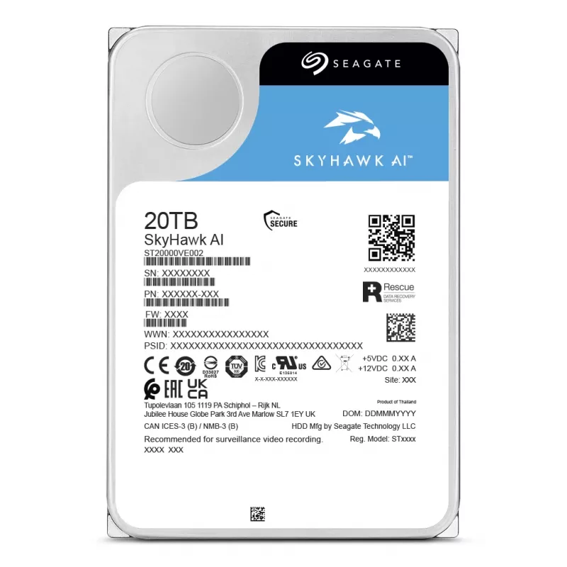 Seagate SkyHawk AI ST20000VE004 iekšējais cietais disks 20 TB 7200 RPM 512 MB 3,5 collas Serial ATA III