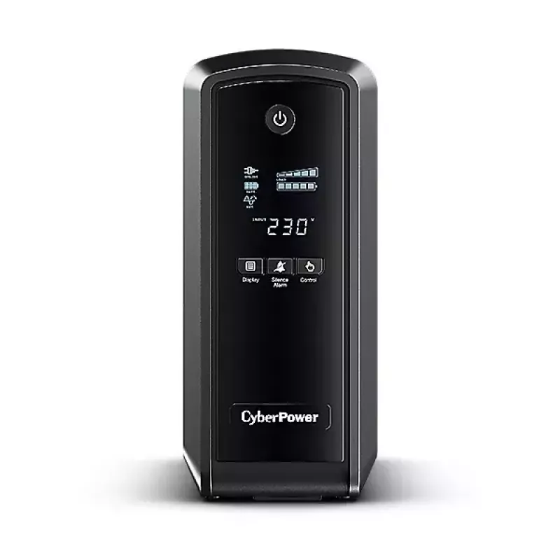 Nepārtrauktās barošanas avots CYBERPOWER CP900EPFCLCD — 0,9 kVA (540 W), 6 AC kontaktligzdas, LCD, tīrs sinusoidālais vilnis, tornis