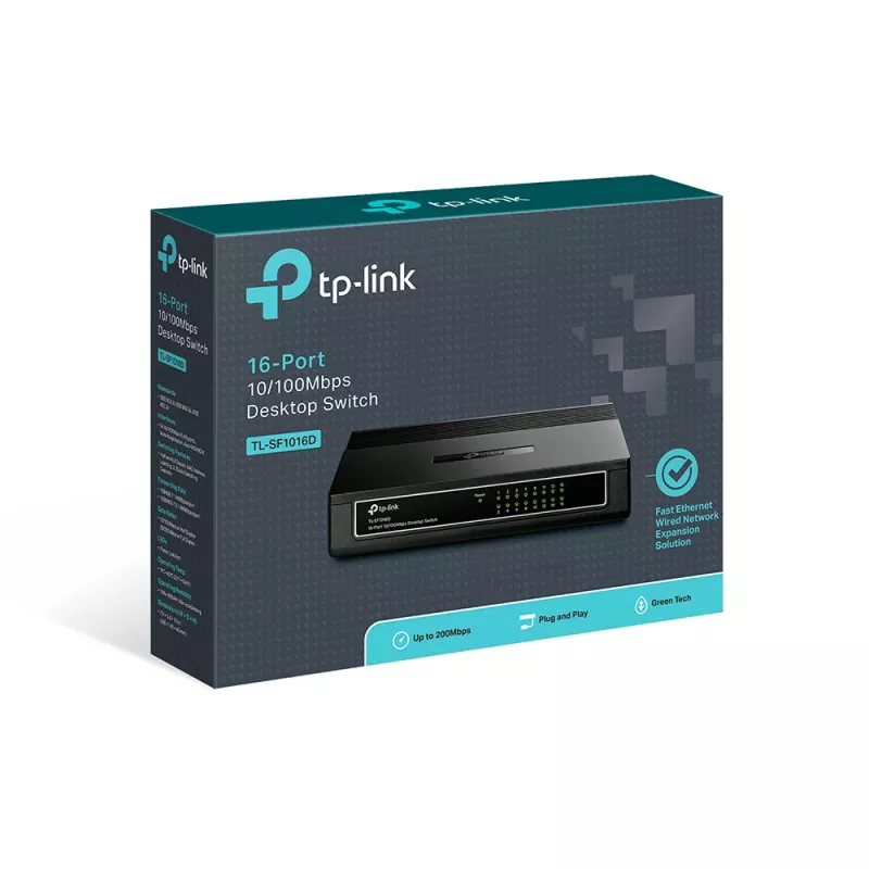 TP-Link 16 portu 10/100Mbps galddatora slēdzis, nepārvaldāms, Fast Ethernet (10/100), pilns duplekss, montāža statīvā, montāža pie sienas