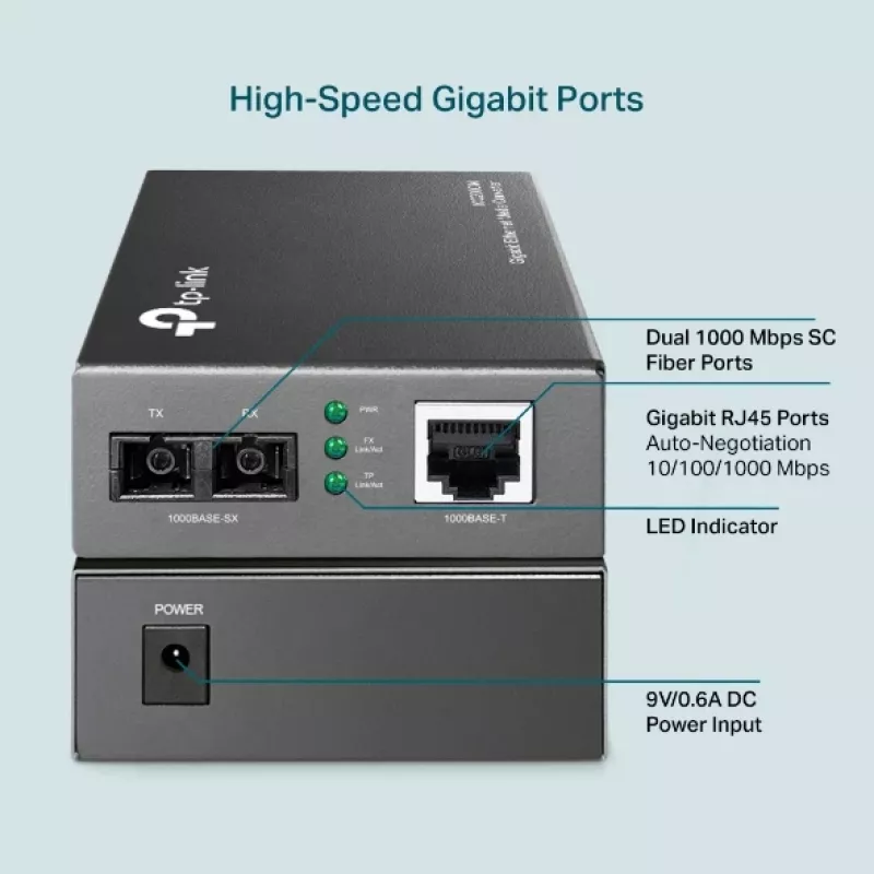 TP-Link Gigabit Multi-Mode Media Converter, 1000 Mbit/s, IEEE 802.3ab, IEEE 802.3x, IEEE 802.3z, Gigabit Ethernet, 1000 Mbit/s, 1000BASE-FX, 1000BASE‑SX, Cat6