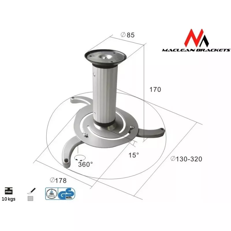 Griestu stiprinājums MACLEAN MC-515 projektoriem, regulējams augstums 80–170 mm, kravnesība 10 kg