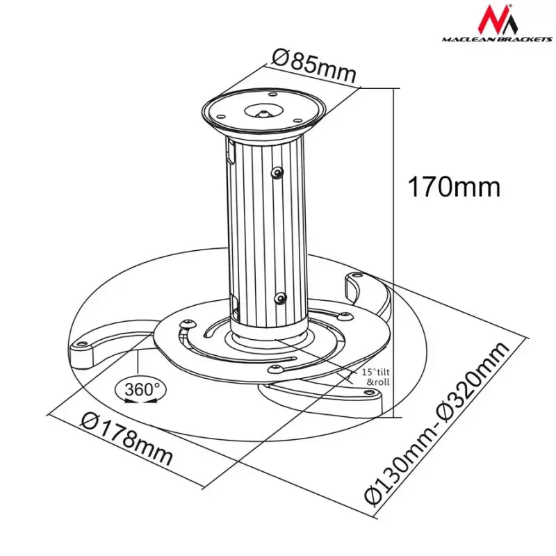 Griestu stiprinājums MACLEAN MC-515 projektoriem, regulējams augstums 80–170 mm, kravnesība 10 kg