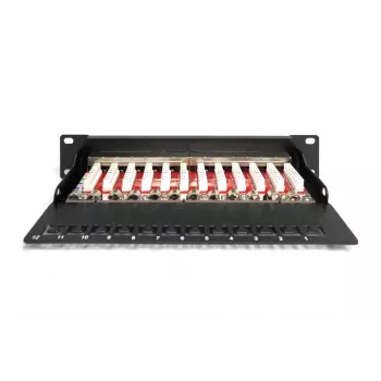 DIGITUS CAT6A Patch Panel, ekranēts, 12 portu marķējuma lauks, 1U, 10 collu statīva montāža, melns RAL 9005