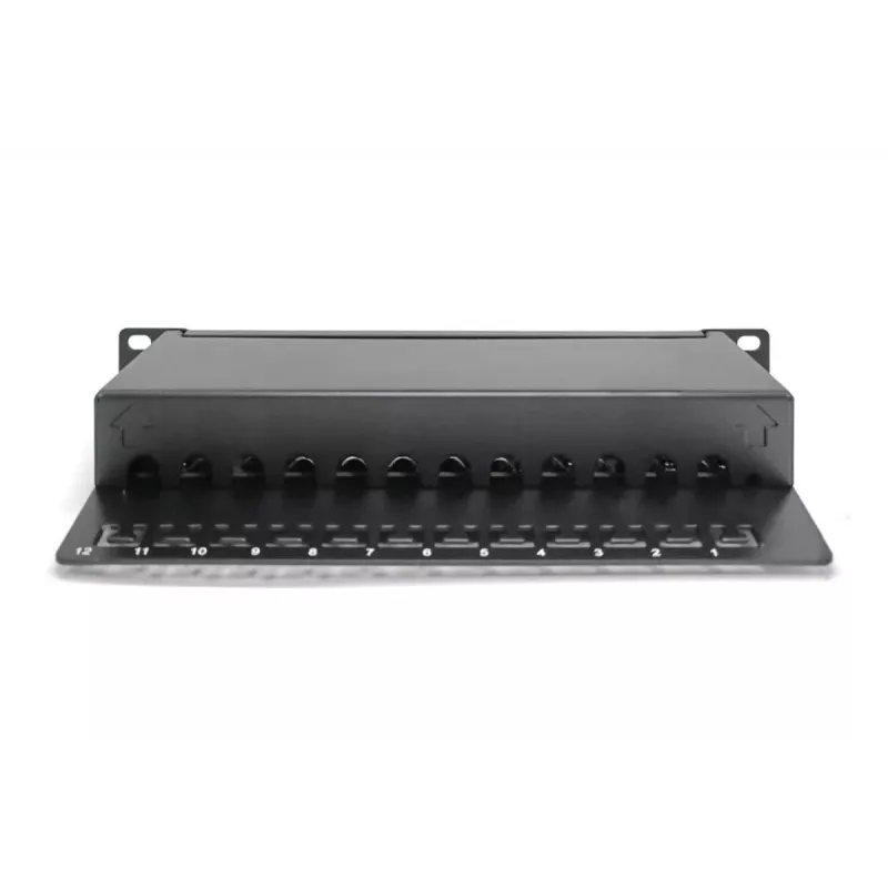 DIGITUS CAT6A Patch Panel, ekranēts, 12 portu marķējuma lauks, 1U, 10 collu statīva montāža, melns RAL 9005