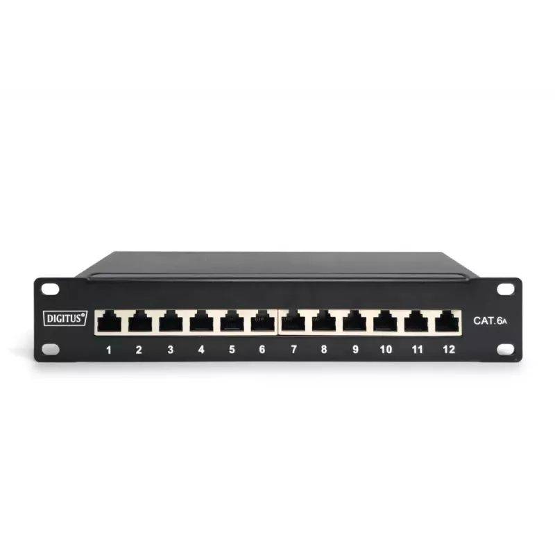DIGITUS CAT6A Patch Panel, ekranēts, 12 portu marķējuma lauks, 1U, 10 collu statīva montāža, melns RAL 9005