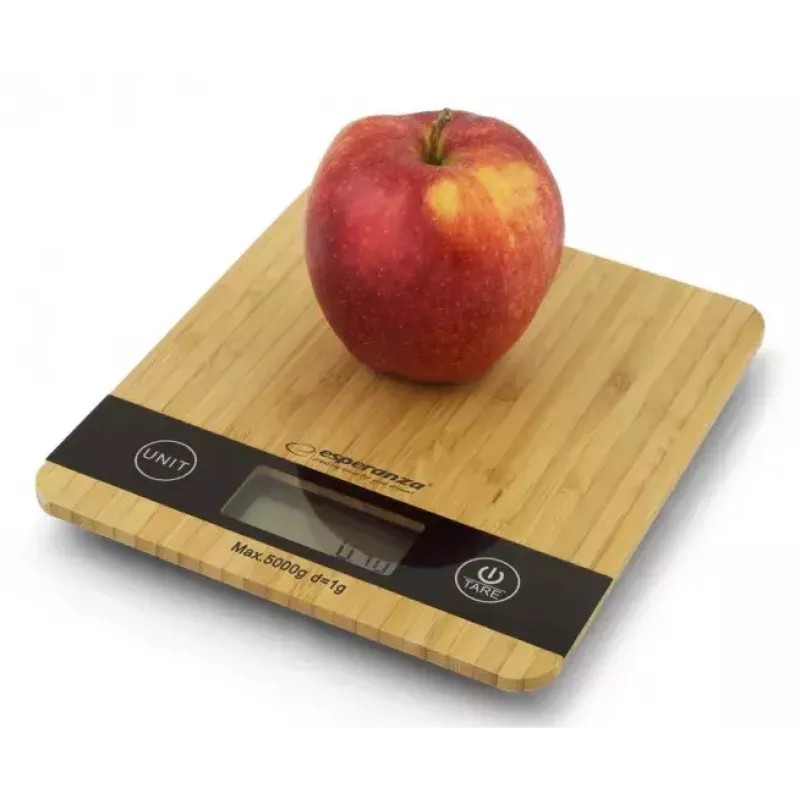 Elektroniskie virtuves svari ESPERANZA EKS005 — 5 kg ietilpība, 1 g precizitāte, bambusa platforma