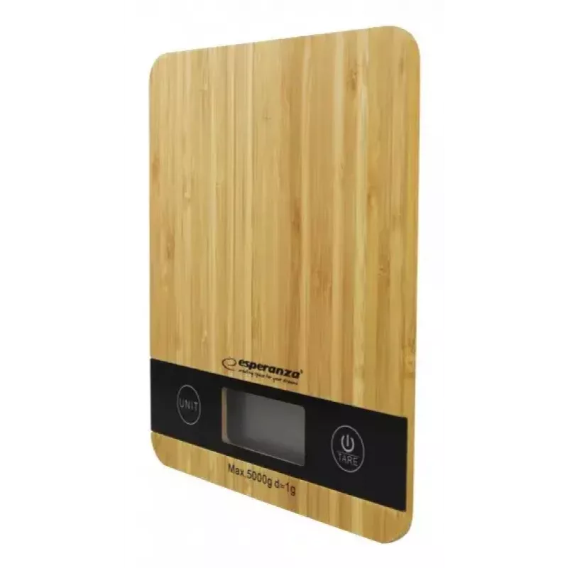 Elektroniskie virtuves svari ESPERANZA EKS005 — 5 kg ietilpība, 1 g precizitāte, bambusa platforma