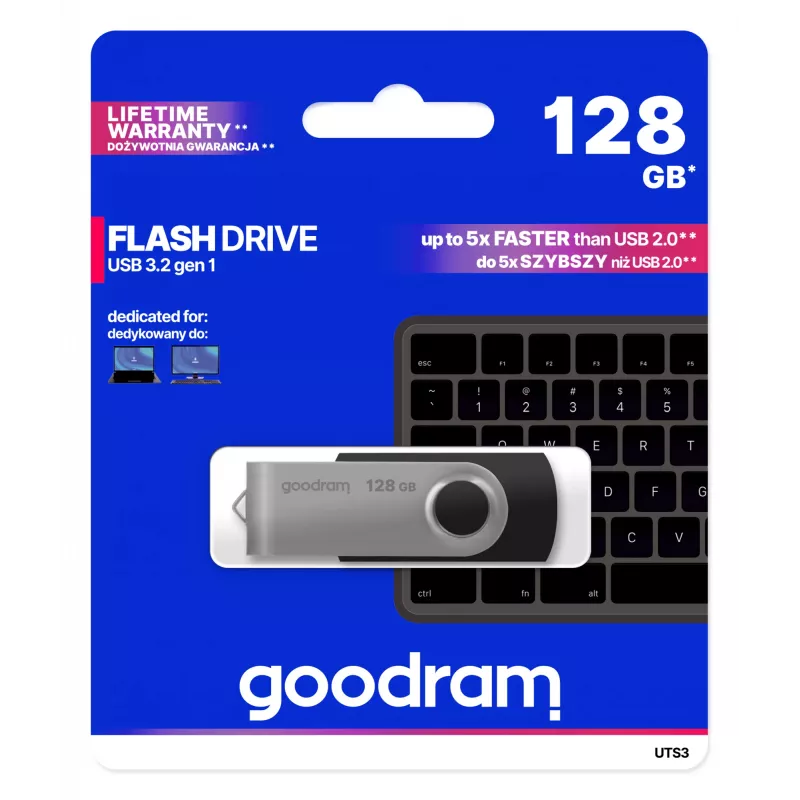GOODRAM UTS3 USB zibatmiņa, 128 GB, USB Type-A 3.2 Gen 1, melna, 60 MB/s lasīšana, 20 MB/s rakstīšana