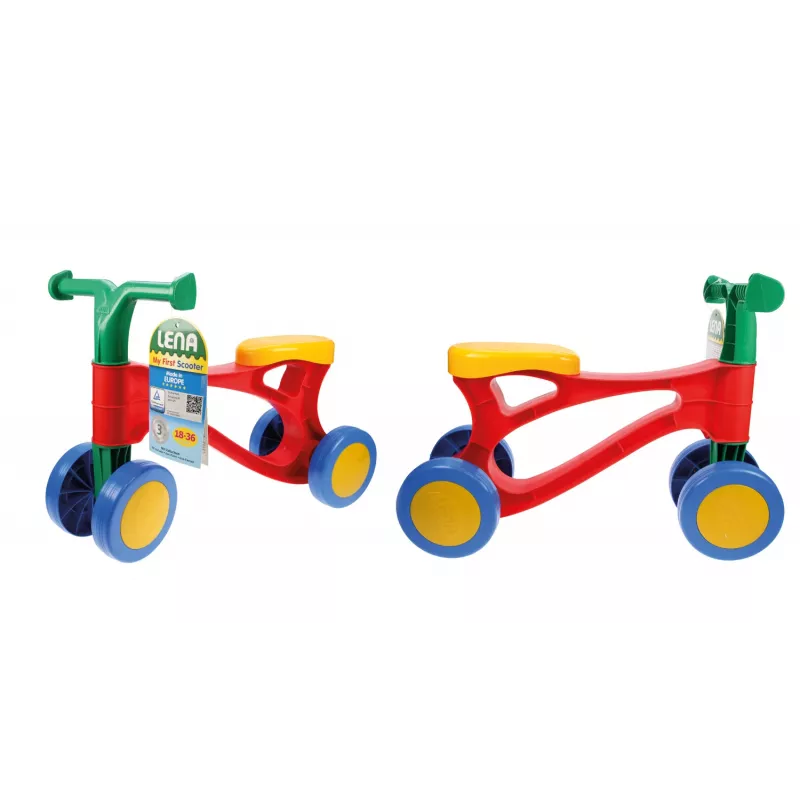 Lena My First Scooter daudzkrāsains, 1.5 g., 4 riteņi, zils, zaļš, oranžs, sarkans