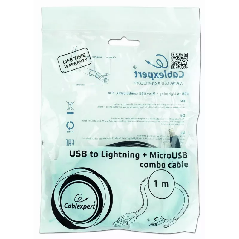 GEMBIRD USB uz Apple Lightning un Micro USB uzlādes kombinētais kabelis 1m - melns