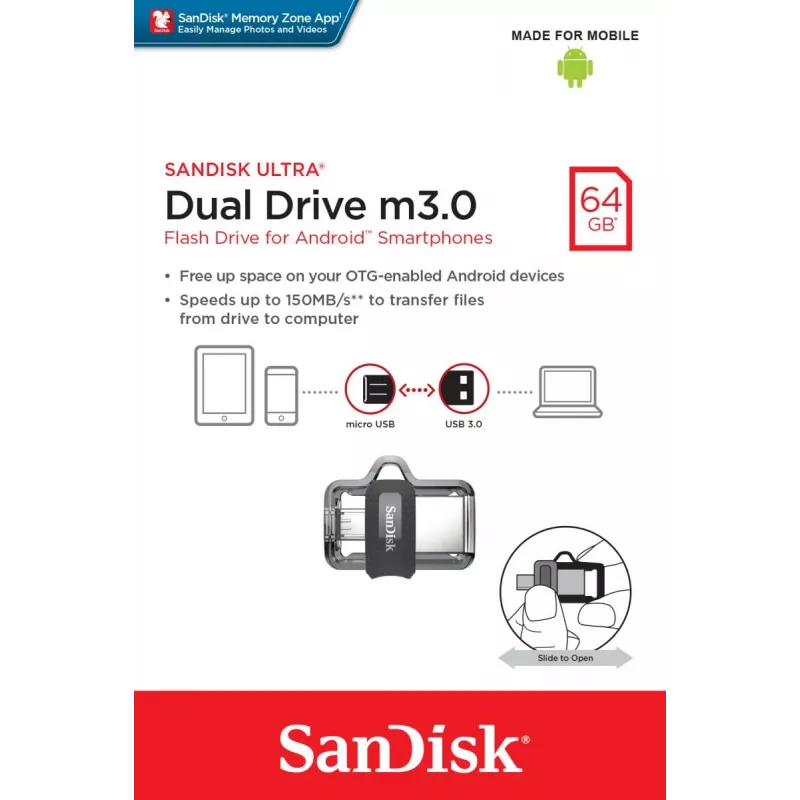 WESTERN DIGITAL SanDisk ULTRA DUAL DRIVE M3.0 - 64GB USB zibatmiņa - micro-USB / USB 3.0