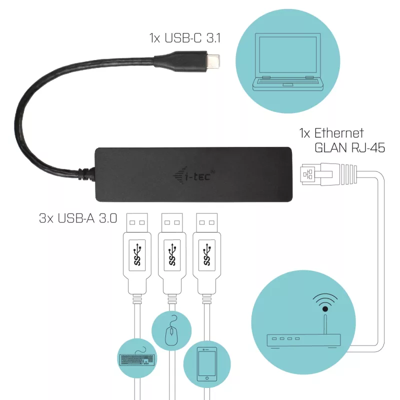 i-tec Advance USB-C plāns Passive HUB 3 Port + Gigabit Ethernet Adapter