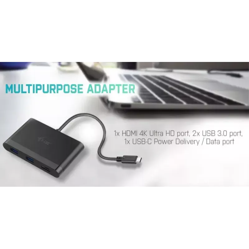 USB-C uz HDMI ceļojumu adapteris ITEC i-tec USB C HDMI Travel Adapter PD/Data — melns, mikroshēmojums RTS5403/RTS5404/RTS5411/PS176, 90×58×14 mm