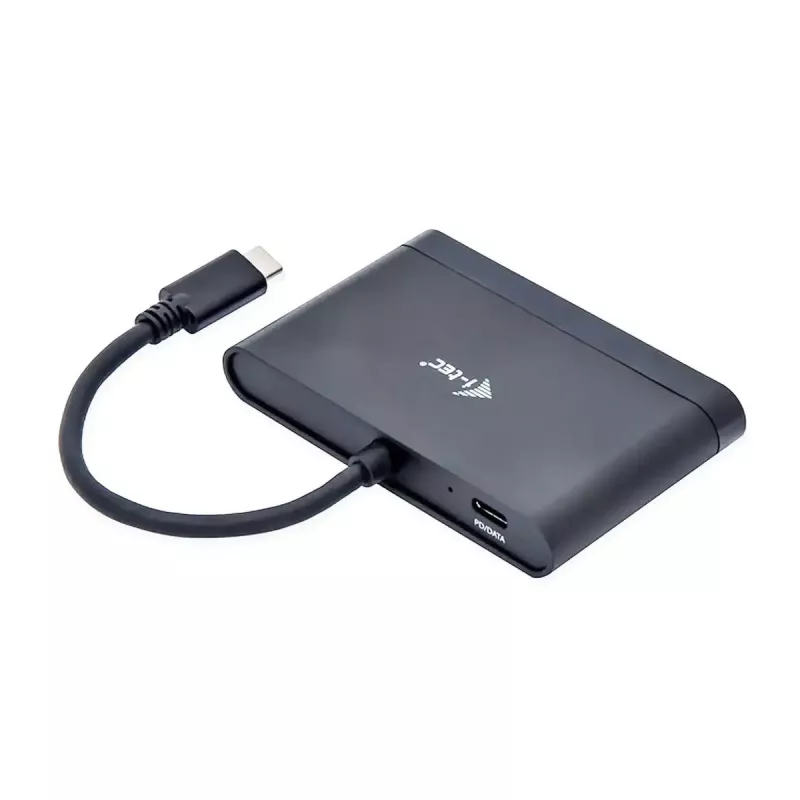 USB-C uz HDMI ceļojumu adapteris ITEC i-tec USB C HDMI Travel Adapter PD/Data — melns, mikroshēmojums RTS5403/RTS5404/RTS5411/PS176, 90×58×14 mm