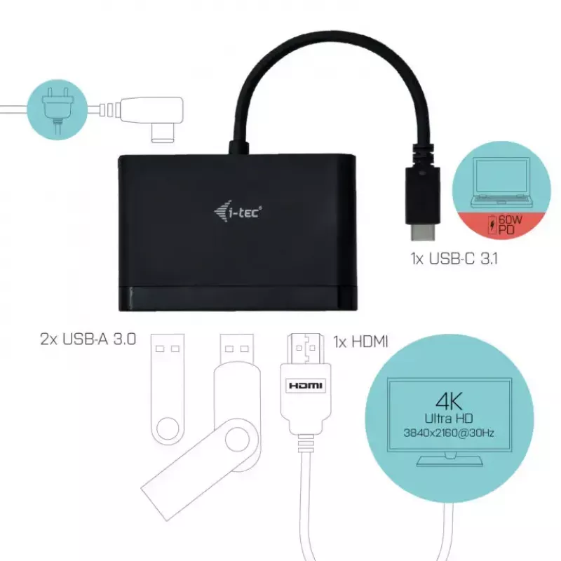 USB-C uz HDMI ceļojumu adapteris ITEC i-tec USB C HDMI Travel Adapter PD/Data — melns, mikroshēmojums RTS5403/RTS5404/RTS5411/PS176, 90×58×14 mm