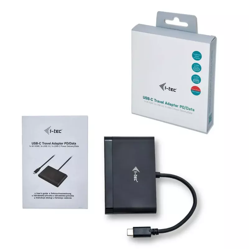 USB-C uz HDMI ceļojumu adapteris ITEC i-tec USB C HDMI Travel Adapter PD/Data — melns, mikroshēmojums RTS5403/RTS5404/RTS5411/PS176, 90×58×14 mm