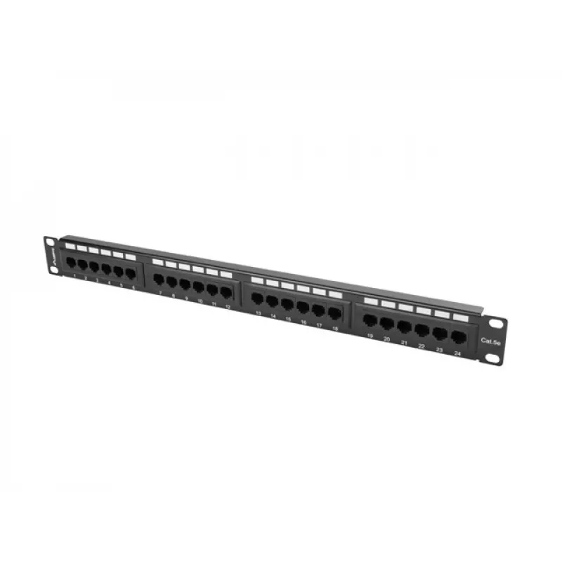 Plāksteru panelis 1U LANBERG PPU5-1024-B — 24 portu CAT5e, metāla, melns, 445×32,5×44,5 mm