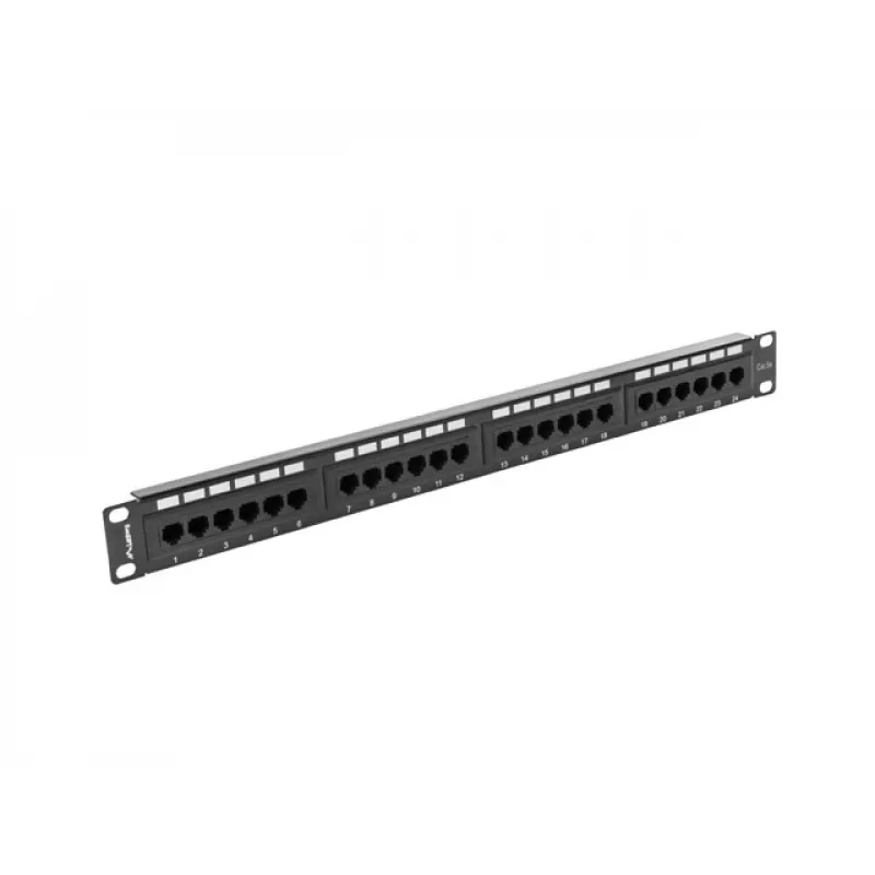 Plāksteru panelis 1U LANBERG PPU5-1024-B — 24 portu CAT5e, metāla, melns, 445×32,5×44,5 mm