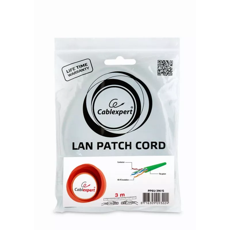 Tīkla kabelis Gembird PP6U-3M RJ-45 Cat6 3m Zaļš