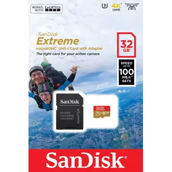 WESTERN DIGITAL SanDisk micro SDXC Extreme 32GB (A1/ V30/ U3/ UHS-I/ Cl.10/ R100/ W60) + adapteris darbības kamerai