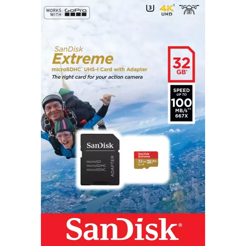WESTERN DIGITAL SanDisk micro SDXC Extreme 32GB (A1/ V30/ U3/ UHS-I/ Cl.10/ R100/ W60) + adapteris darbības kamerai